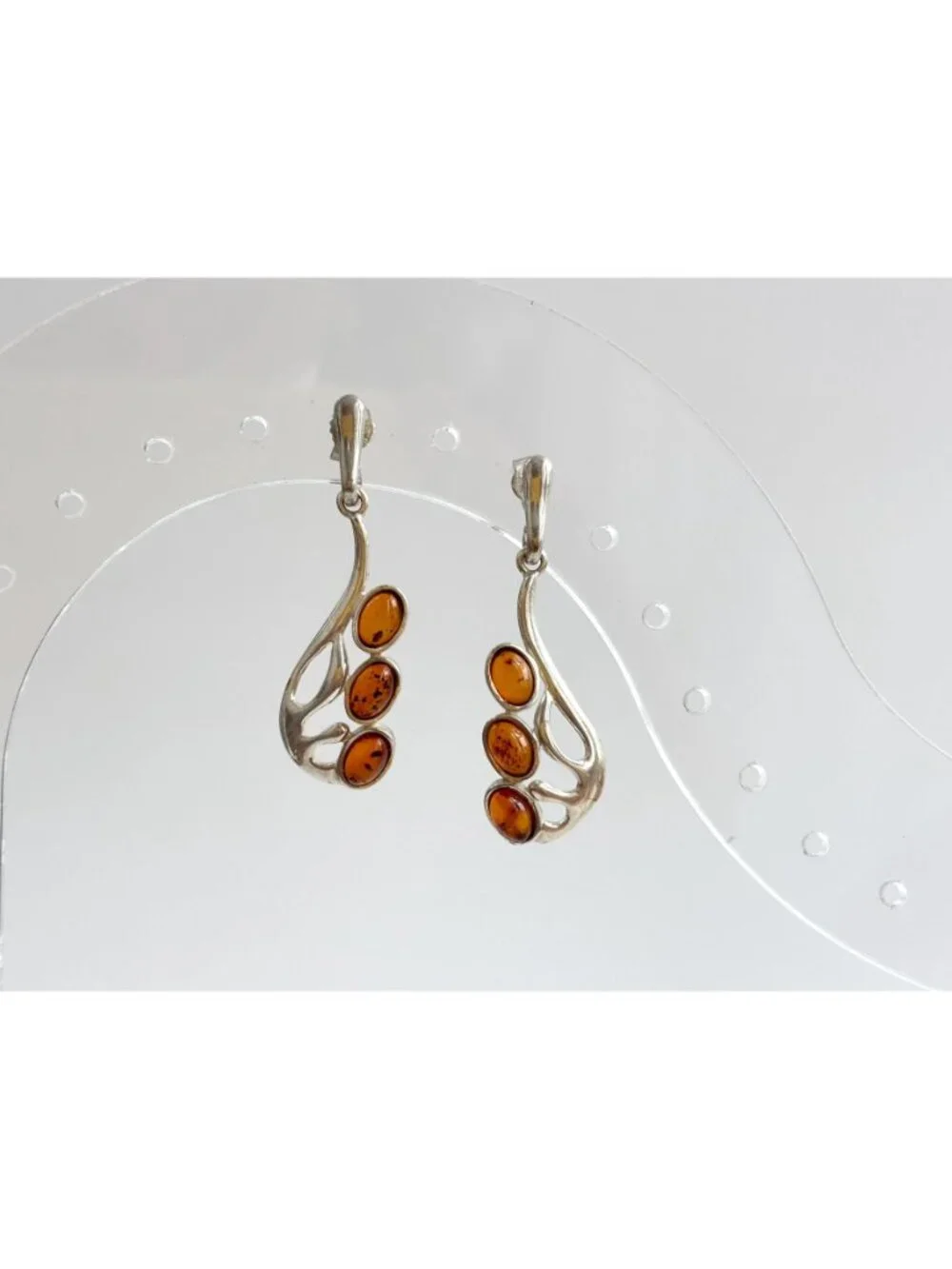 Natural Baltic Amber Accented Modernist Sterling Silver Classic 925 Earrings